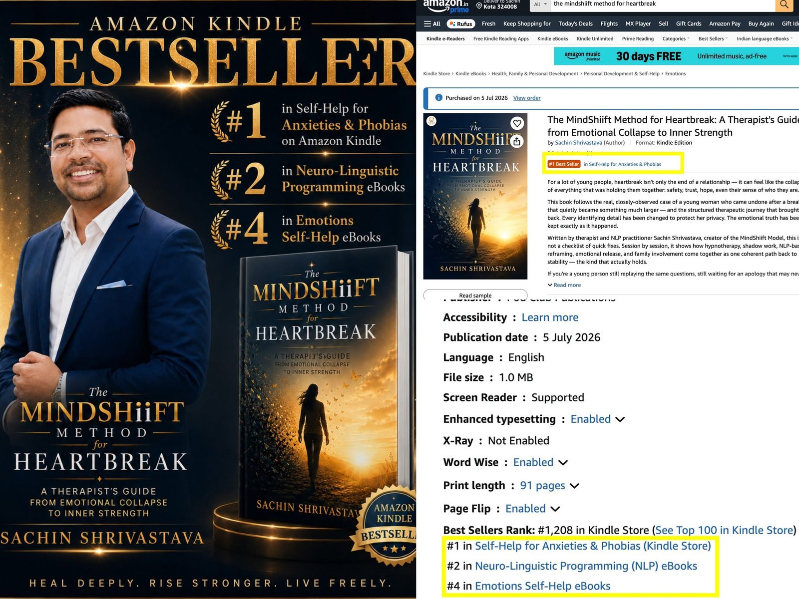 Amazon Kindle bestseller ranking proof for The MindShiift Method for Heartbreak