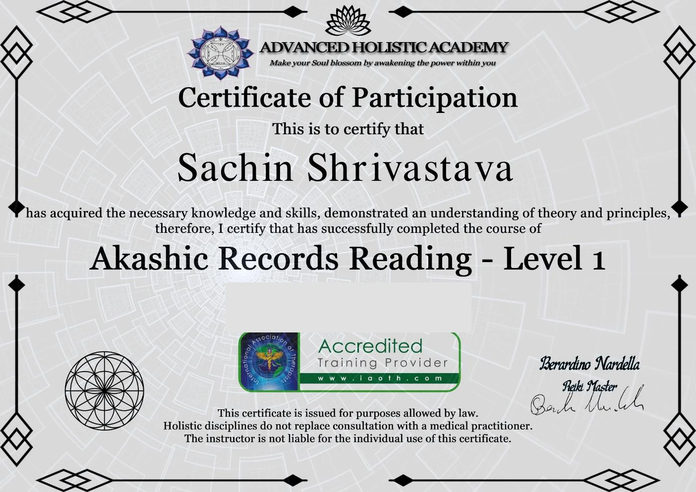 Akashic Records Reading — Level 1 certificate held by Sachin Shrivastava