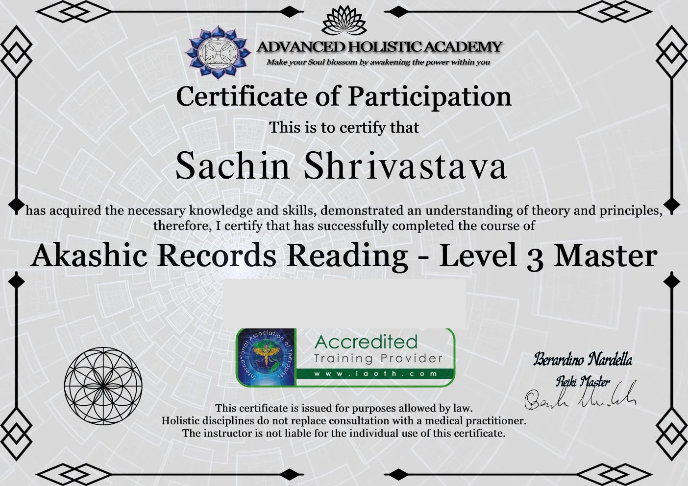 Akashic Records Reading — Level 3 Master certificate held by Sachin Shrivastava