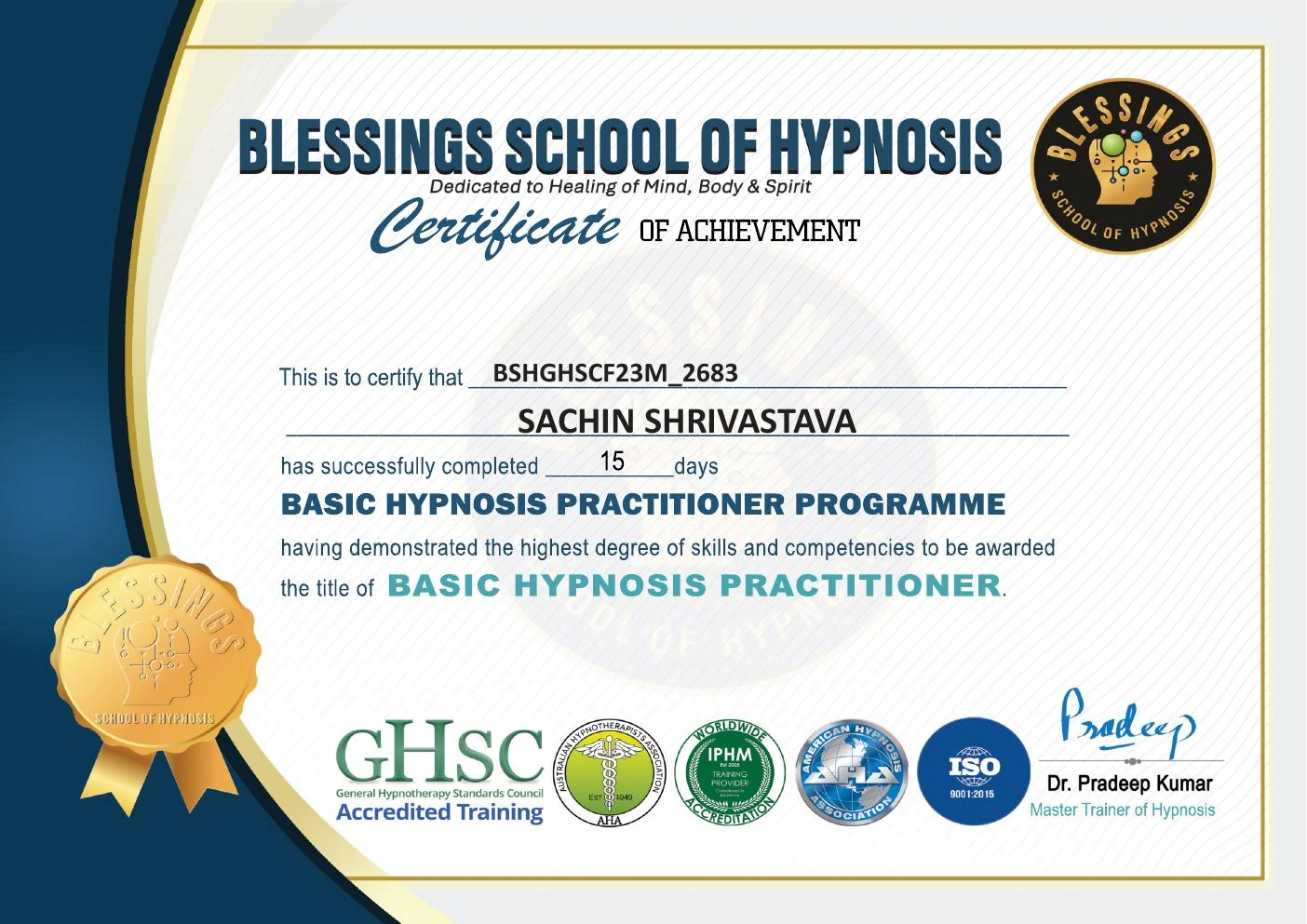 Basic Hypnosis Practitioner certificate held by Sachin Shrivastava