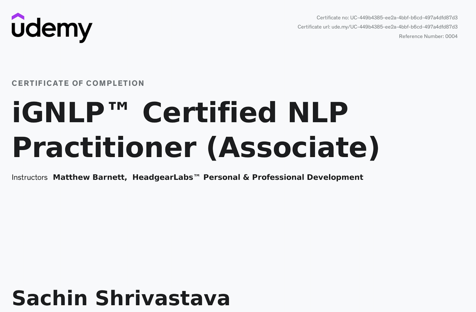 iGNLP Certified NLP Practitioner (Associate) certificate held by Sachin Shrivastava