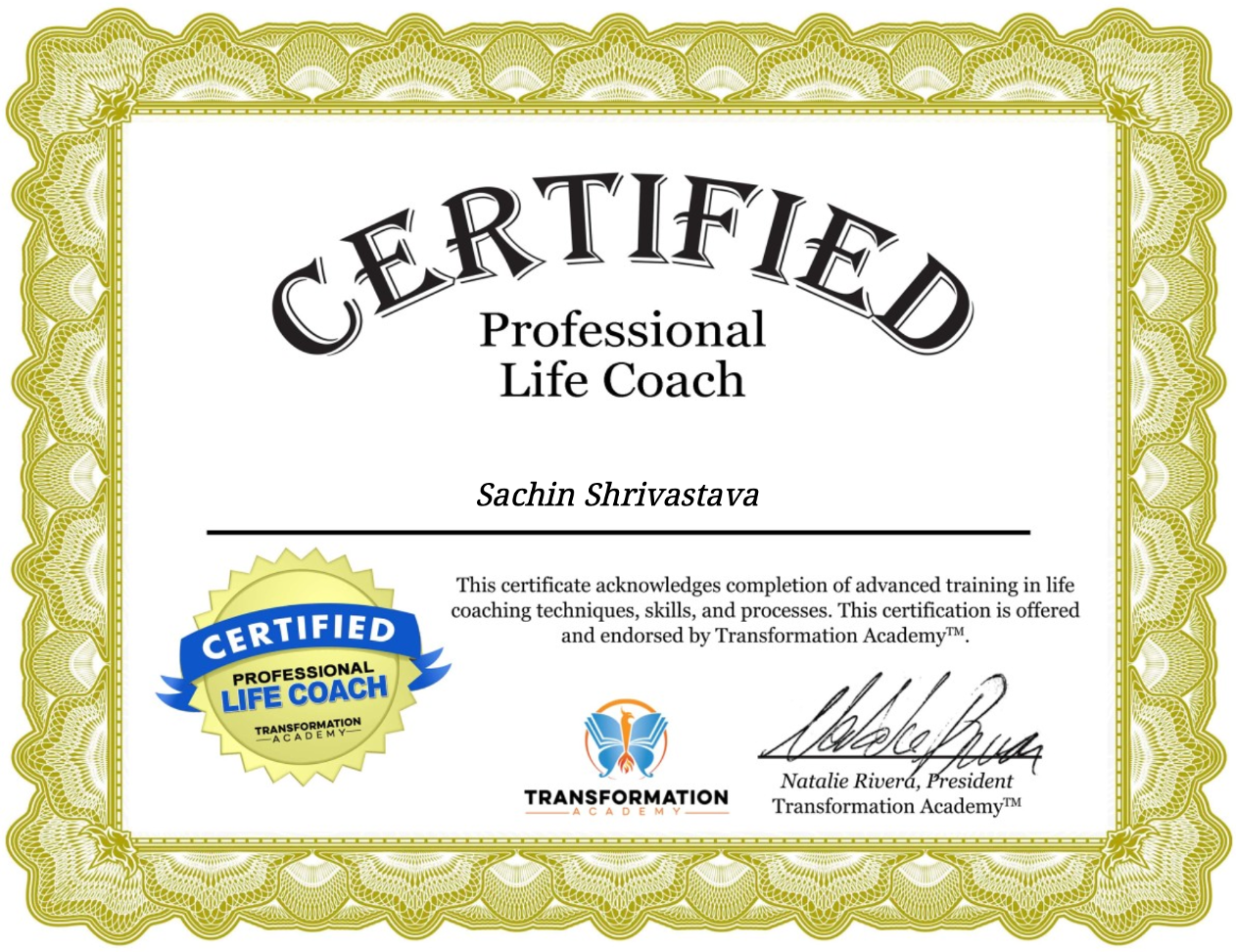 Certified Professional Life Coach certificate held by Sachin Shrivastava
