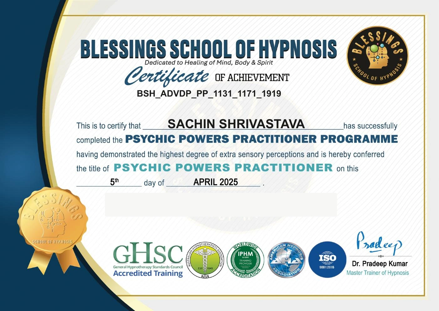 Psychic Powers Practitioner certificate held by Sachin Shrivastava