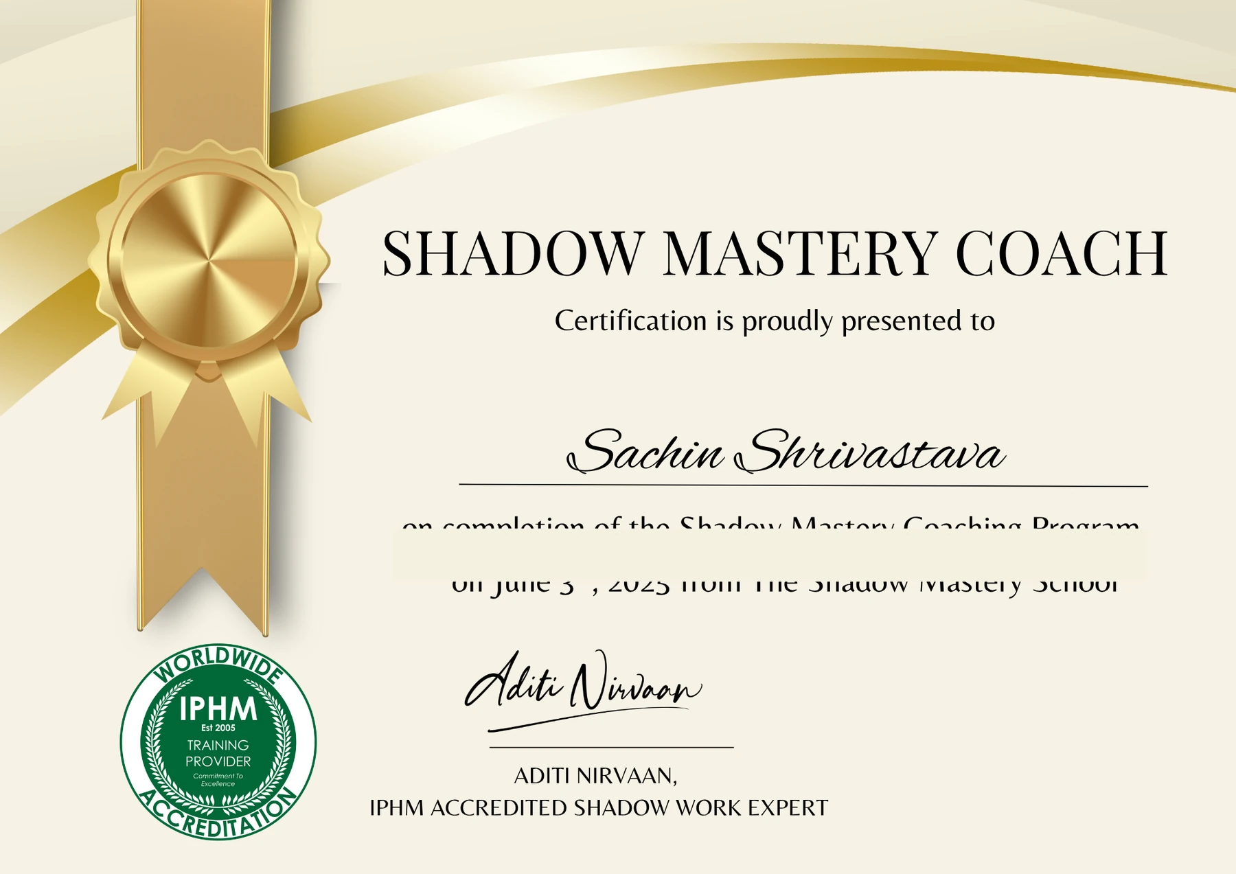 Shadow Mastery Coach certificate held by Sachin Shrivastava